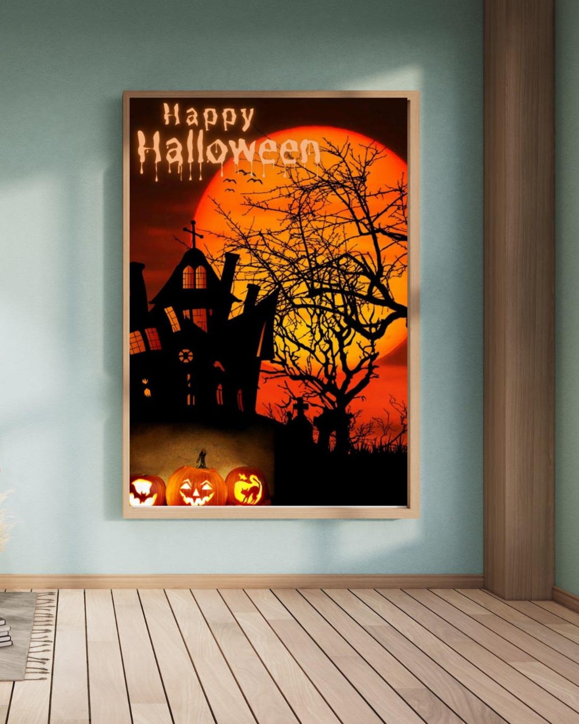 Happy Halloween Dripping Text Haunted House Moonlight Party Poster
