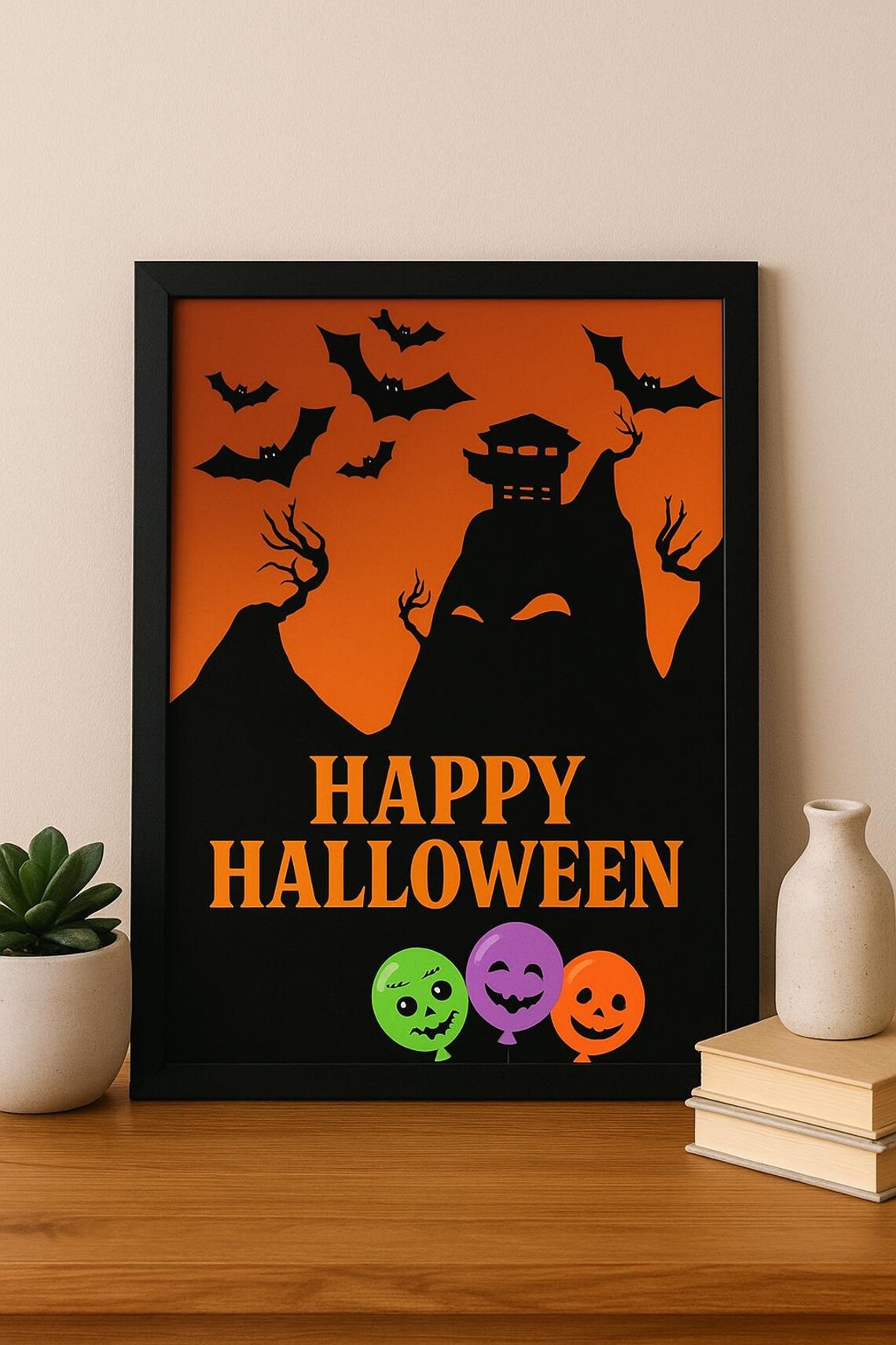 Happy Halloween Bats Haunted House Hill Orange Spooky Art Poster