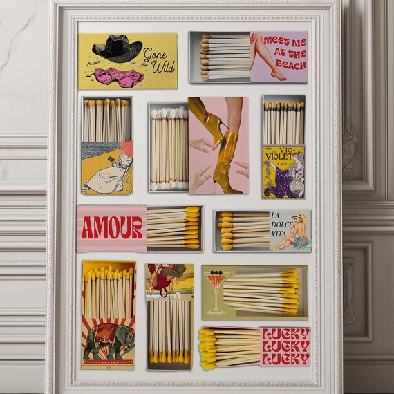 Vintage Matchbox Art Collage Retro Cocktail Bar Cart Wall Decor Poster