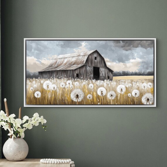 Rustic Barn In Dandelion Field Panoramic Vintage Art Print Of Old Barn Earth Tone Countryside Painting Print For Moody Wall Decor