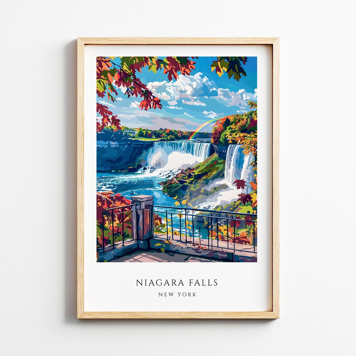 Niagara Falls New York Travel Poster Autumn Rainbow Waterfall Scenic View