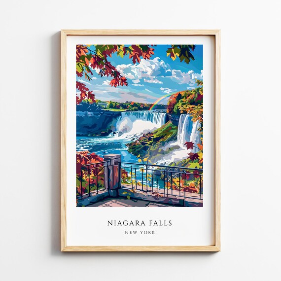 Niagara Falls New York Travel Poster Autumn Rainbow Waterfall Scenic View