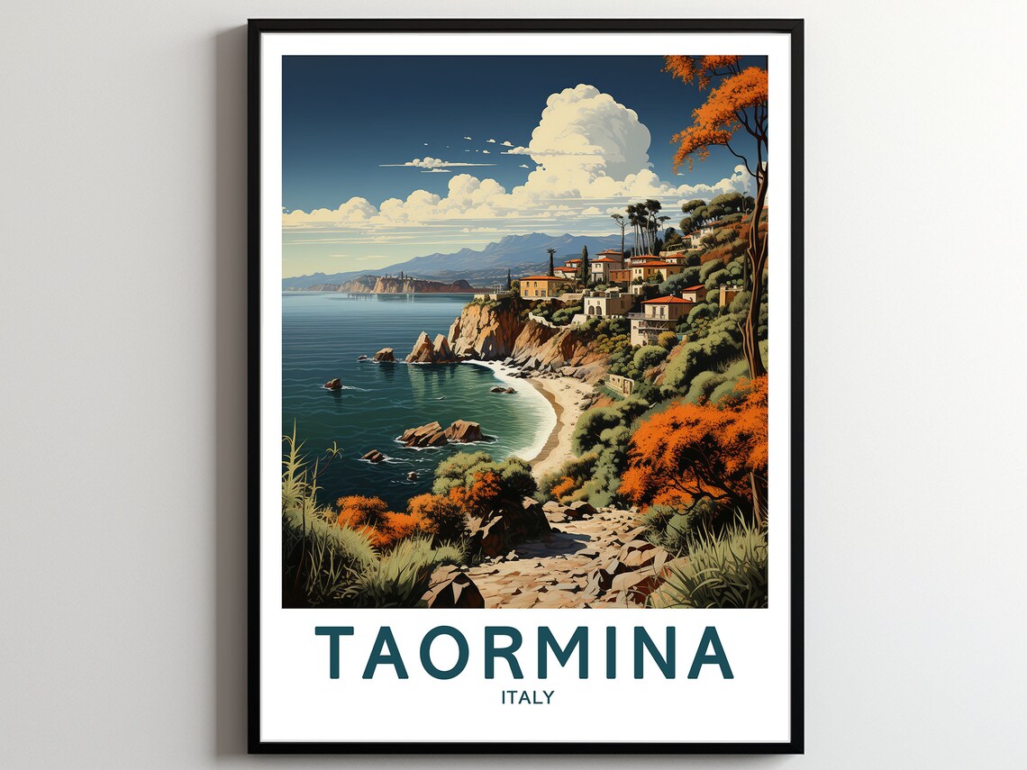 Taormina Italy Cliffside Coastal Town Sea View Travel Poster