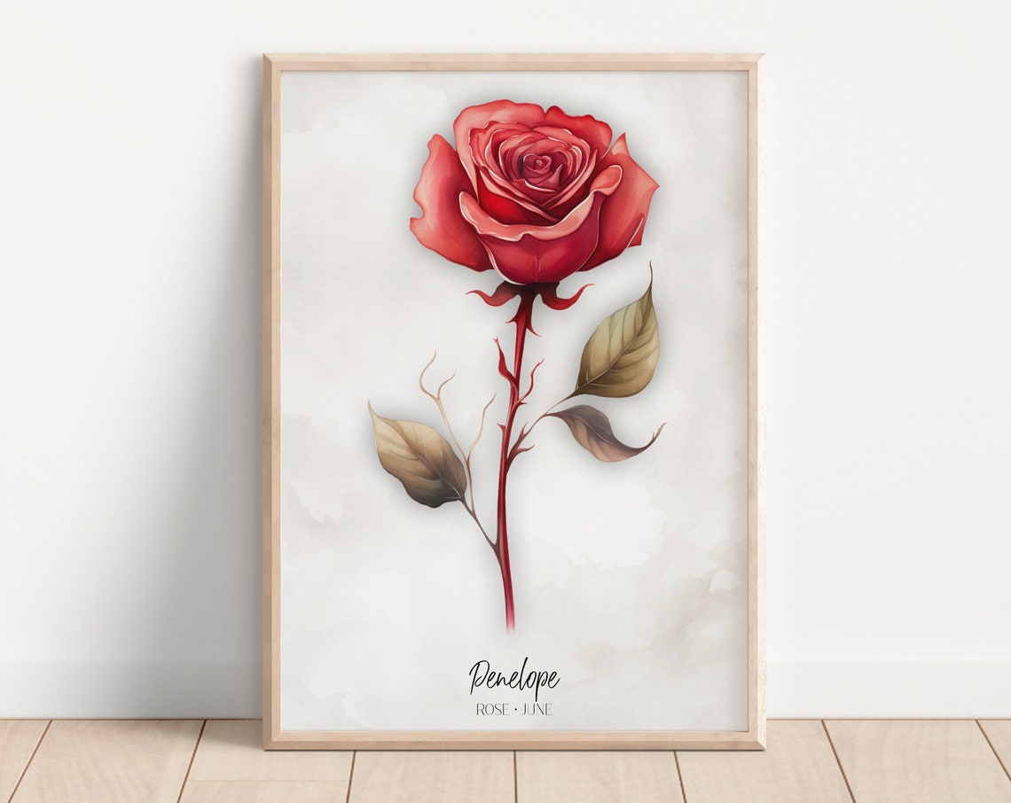 Penelope Personalized Red Rose June Watercolor Single Stem Poster