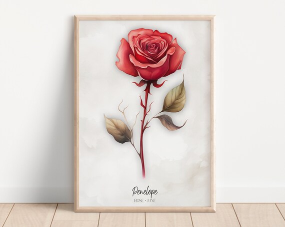 Penelope Personalized Red Rose June Watercolor Single Stem Poster