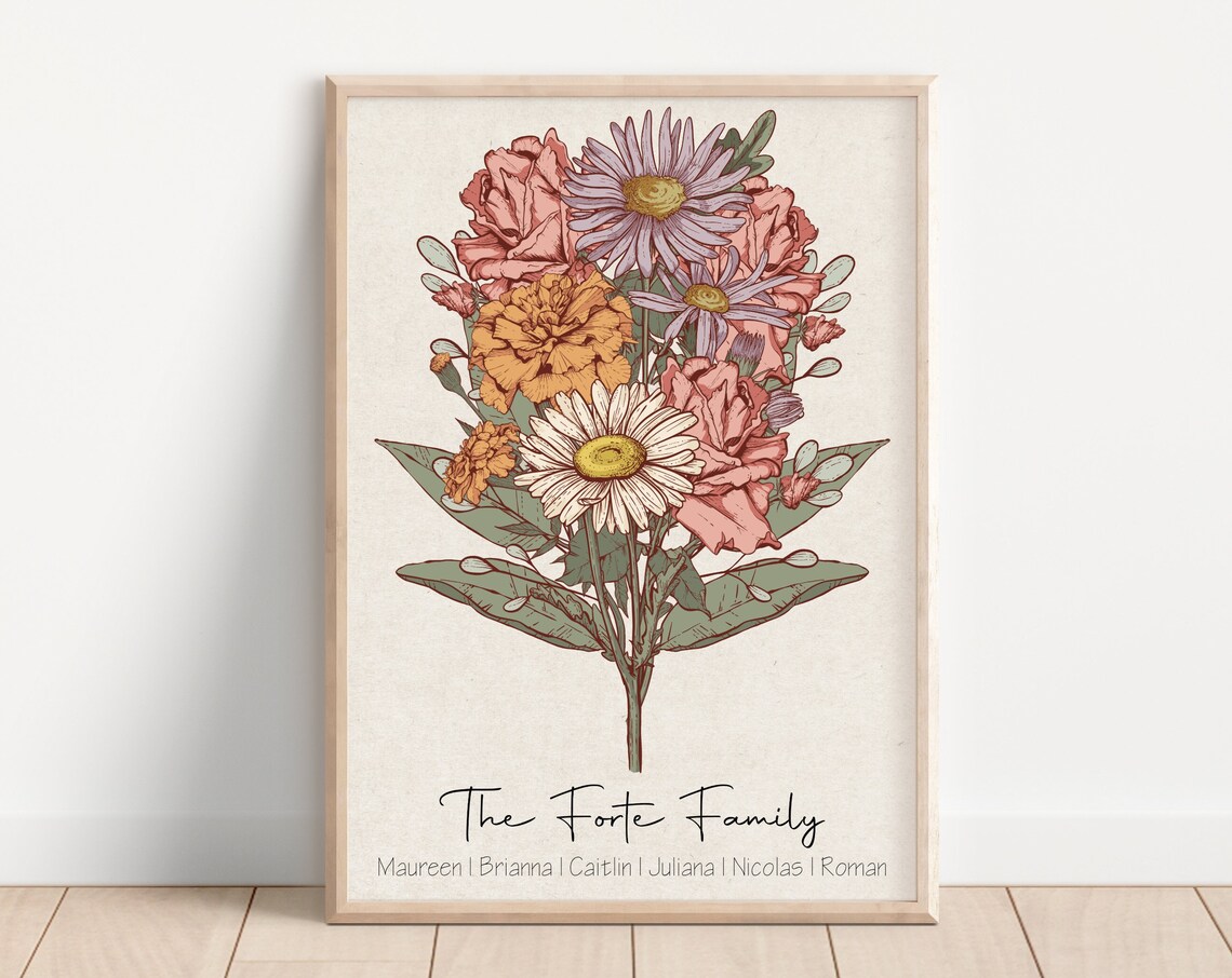 Personalized Vintage Bouquet Birth Flower Family Name Art Poster