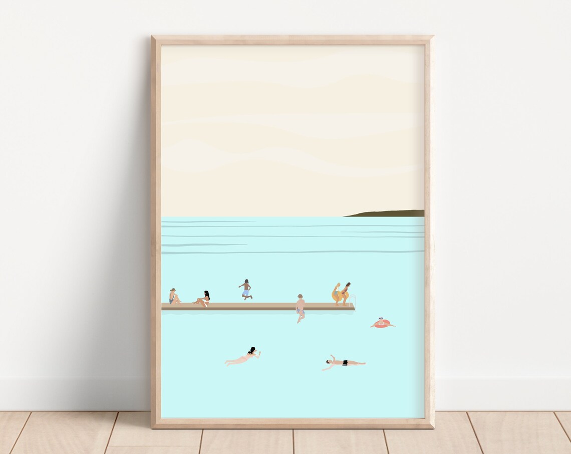 Tiny People Swimming In Lake Art Print, Minimalist
