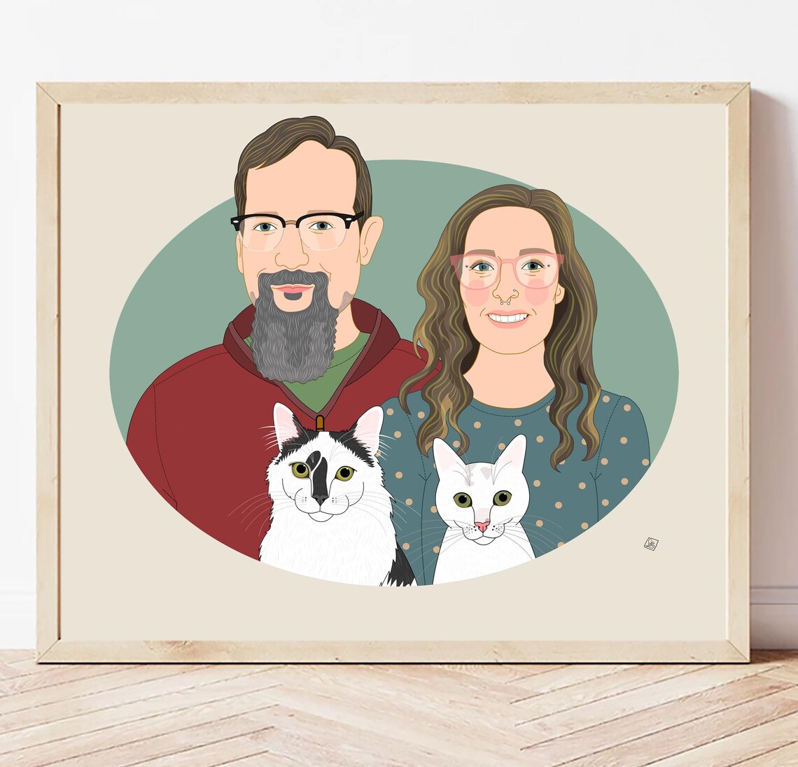 Couple With Two Dogs on Orange Oval Custom Portrait Illustration Poster - Image 6