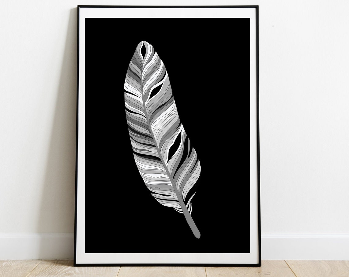 Grey Feather Black Background Minimalist Monochrome Poster Art