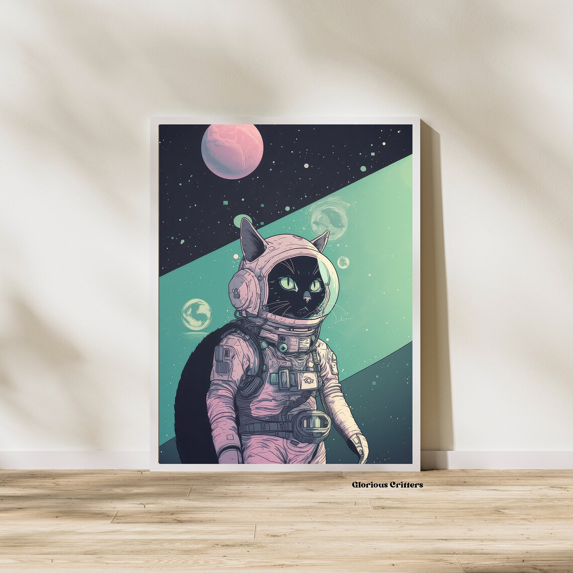 Vintage Cat Cosmic Art Poster, Retro Sci-Fi Decor