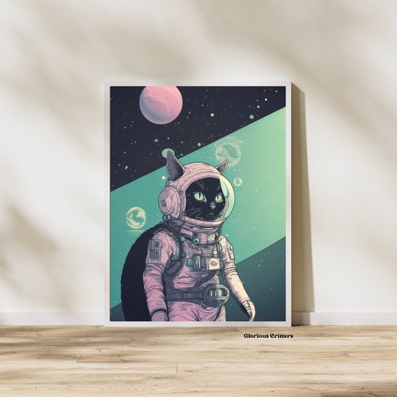 Vintage Cat Cosmic Art Poster, Retro Sci-Fi Decor