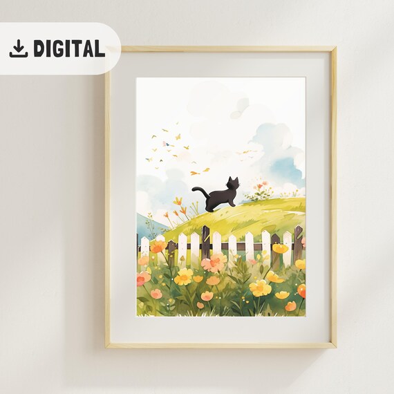 Black Cat on Flower Hill with Picket Fence Watercolor Painting Poster