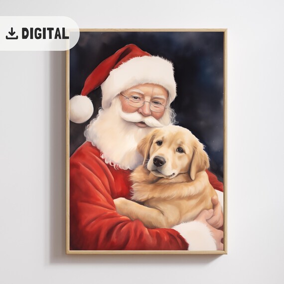 Cute Santa With Labrador Painting Golden Retriever Christmas Watercolor Art Funny Santa Claus Christmas Dog Print Dogful Poster Lab Xmas