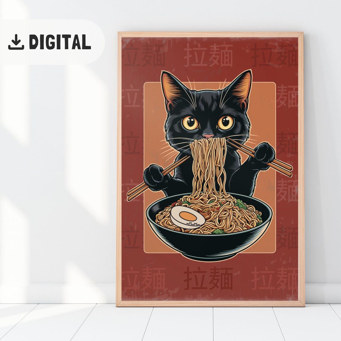 Black Cat Eating Ramen Japanese Style Cute Kitchen Poster Decor - Image 2