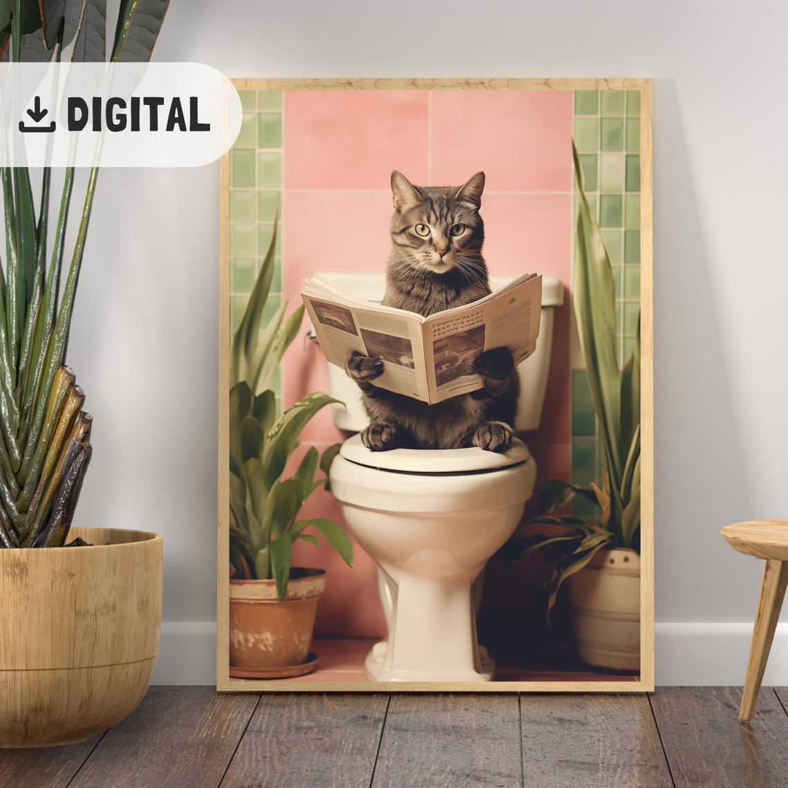 Tabby Cat Reading Newspaper On Toilet With Plants Botanical Poster