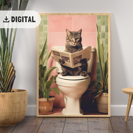 Tabby Cat Reading Newspaper On Toilet With Plants Botanical Poster