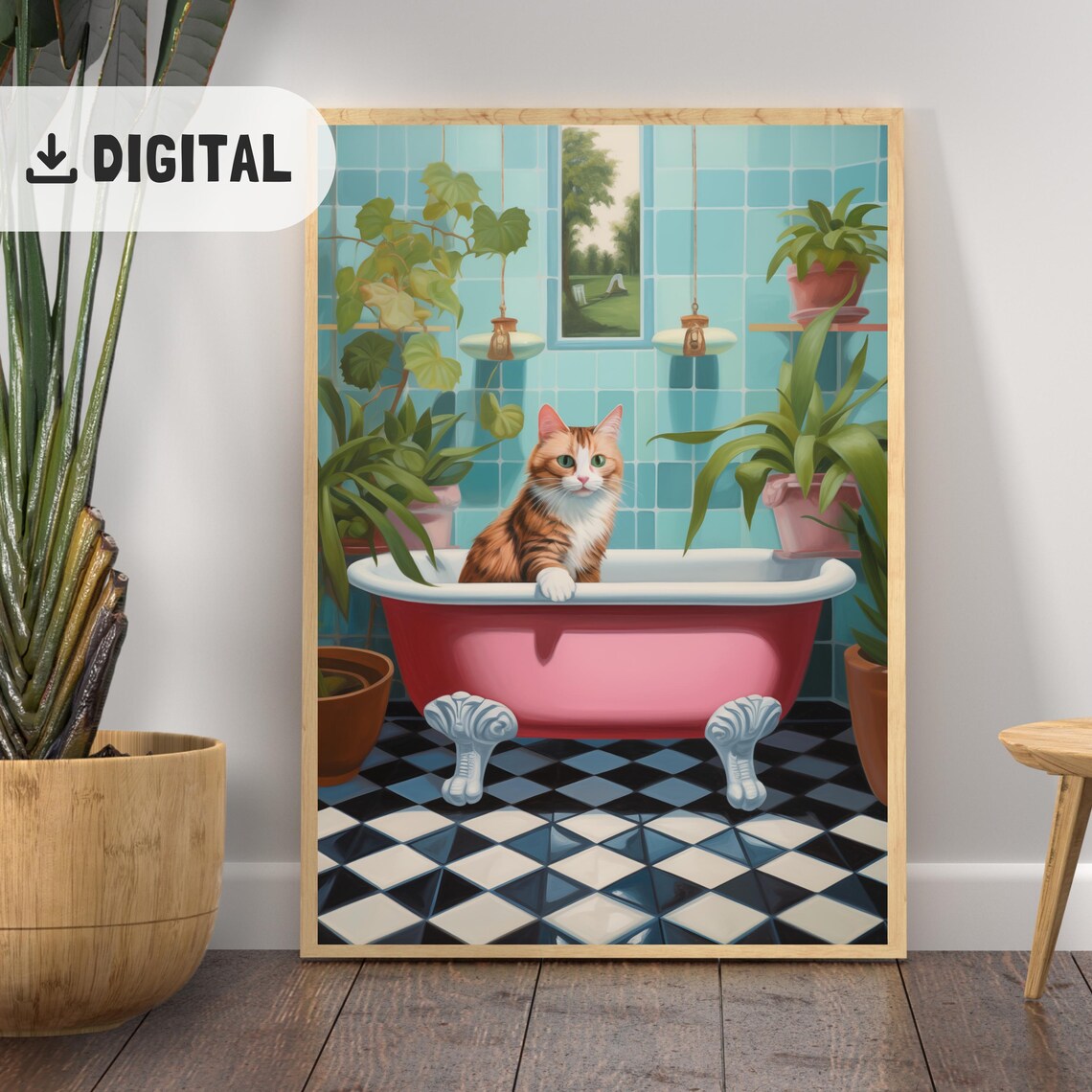 Orange Tabby Cat In Pink Clawfoot Tub Blue Tile Bathroom Poster - Image 2