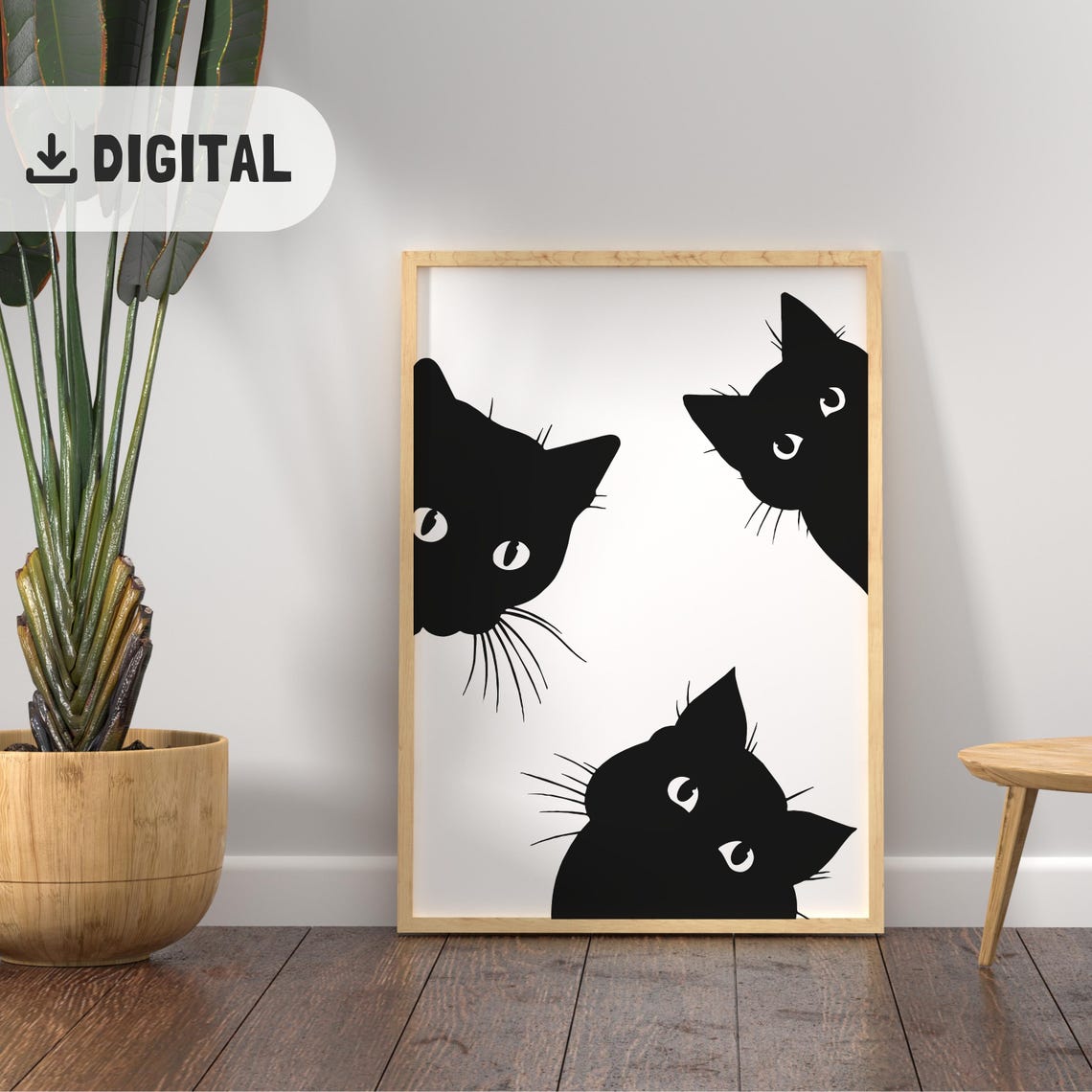 Three Black Cartoon Cat Faces Peeking from Edges Minimalist Poster