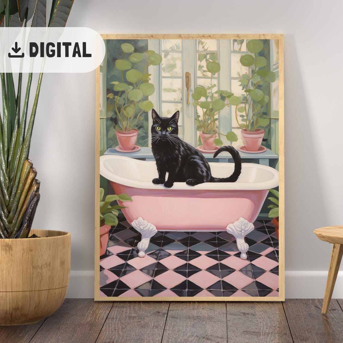 Black Cat Sitting In Pink Clawfoot Tub With Plants Bathroom Poster - Image 2
