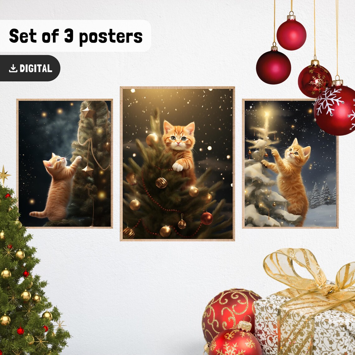 Orange Kitten Christmas Snowy Tree Trio Poster Gift Set Holiday - Image 2