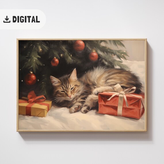 Cute Sleeping Cat Christmas Print Christmas Wall Art Winter Holiday Painting Vintage Christmas Cozy Cottagecore Decor Cat Lover