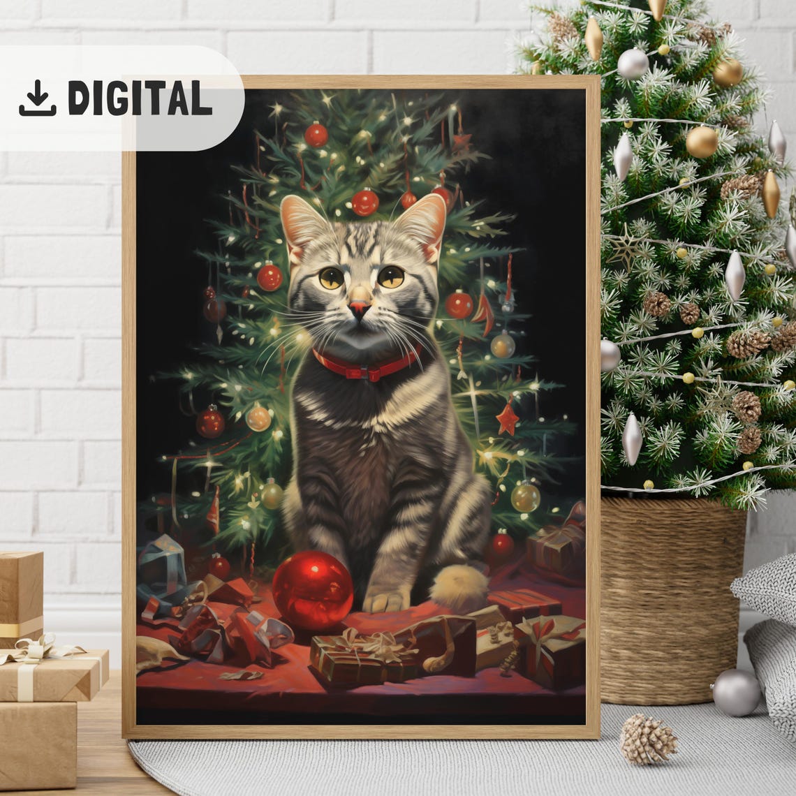 Tabby Kitten Red Collar Christmas Tree Gifts Cozy Poster Gift - Image 2