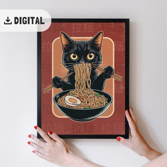 Black Cat Eating Ramen Japanese Style Cute Kitchen Poster Decor
