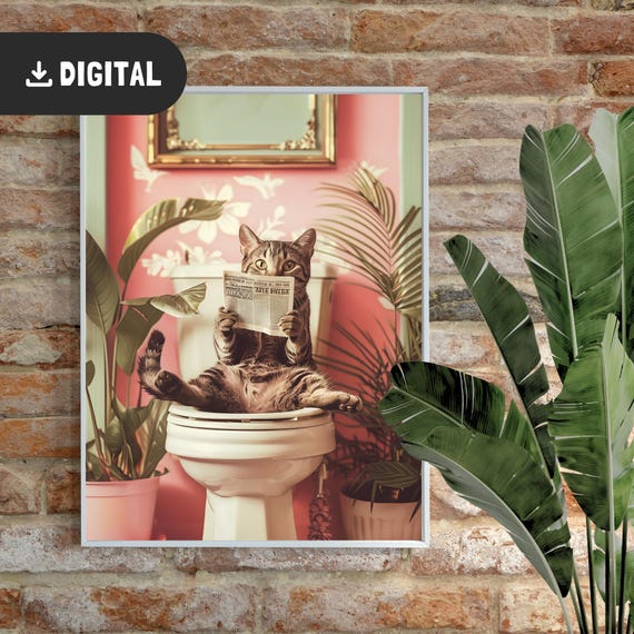 Reading Cat On Toilet Bathroom Humor Art Print