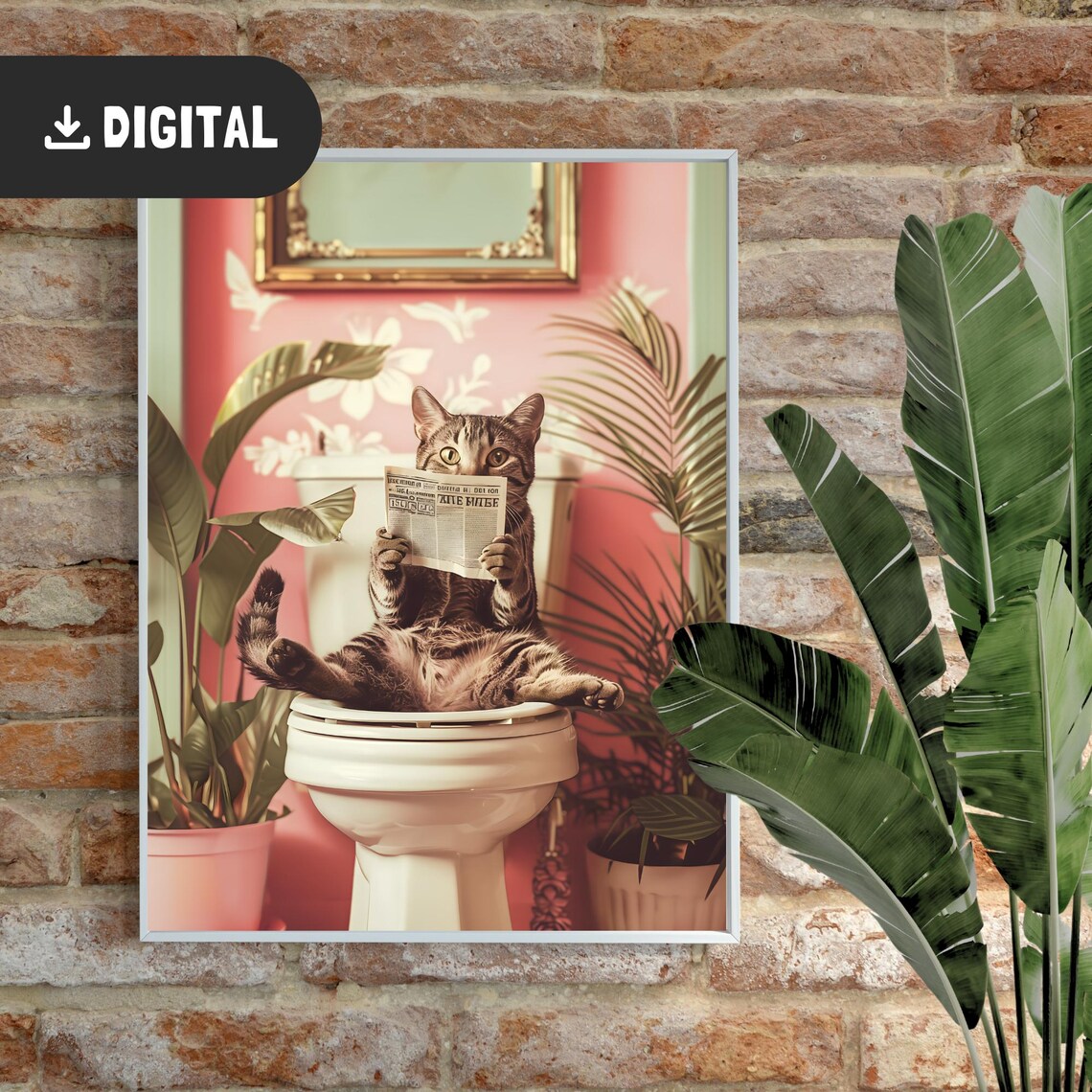 Reading Cat On Toilet Bathroom Humor Art Print