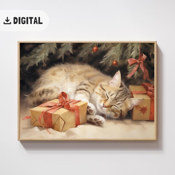 Sleeping Cat Christmas Print Cute Cat Poster Christmas Wall Art Cozy Home Decor Vintage Christmas Cat Lover Painting