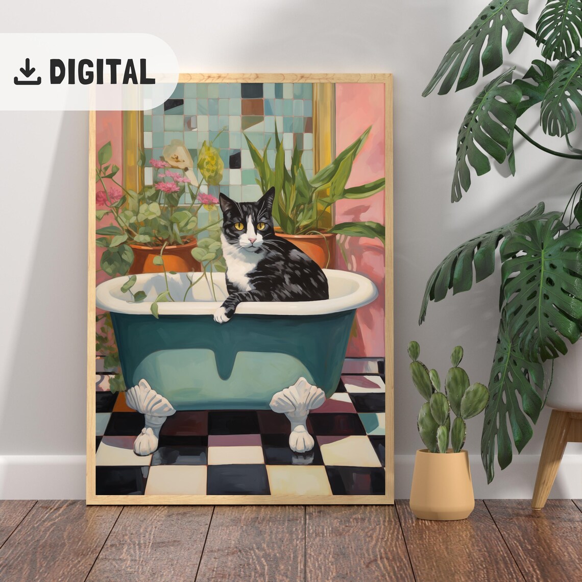 Tuxedo Cat Lounging In Teal Clawfoot Tub Pink Mosaic Bathroom Poster