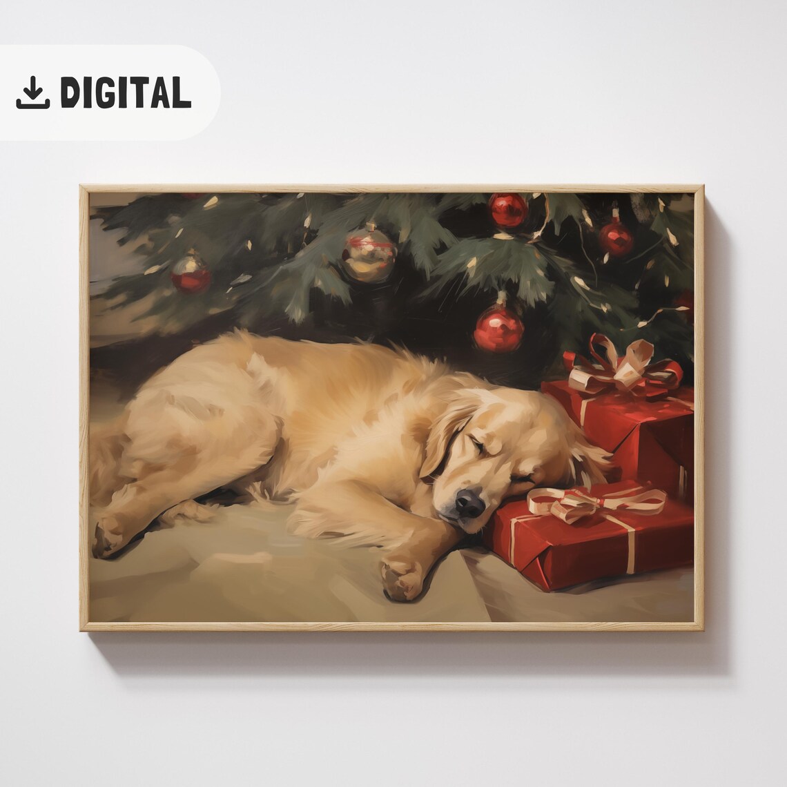 Sleeping Dog Christmas Print Golden Retriever Christmas Wall Art Winter Holiday Painting Vintage Christmas Dog Lover Home Decor - Image 2