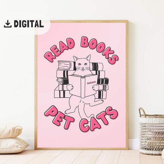 Read Books Pet Cats Pink Bubble Letters Funny Cat Reading Poster