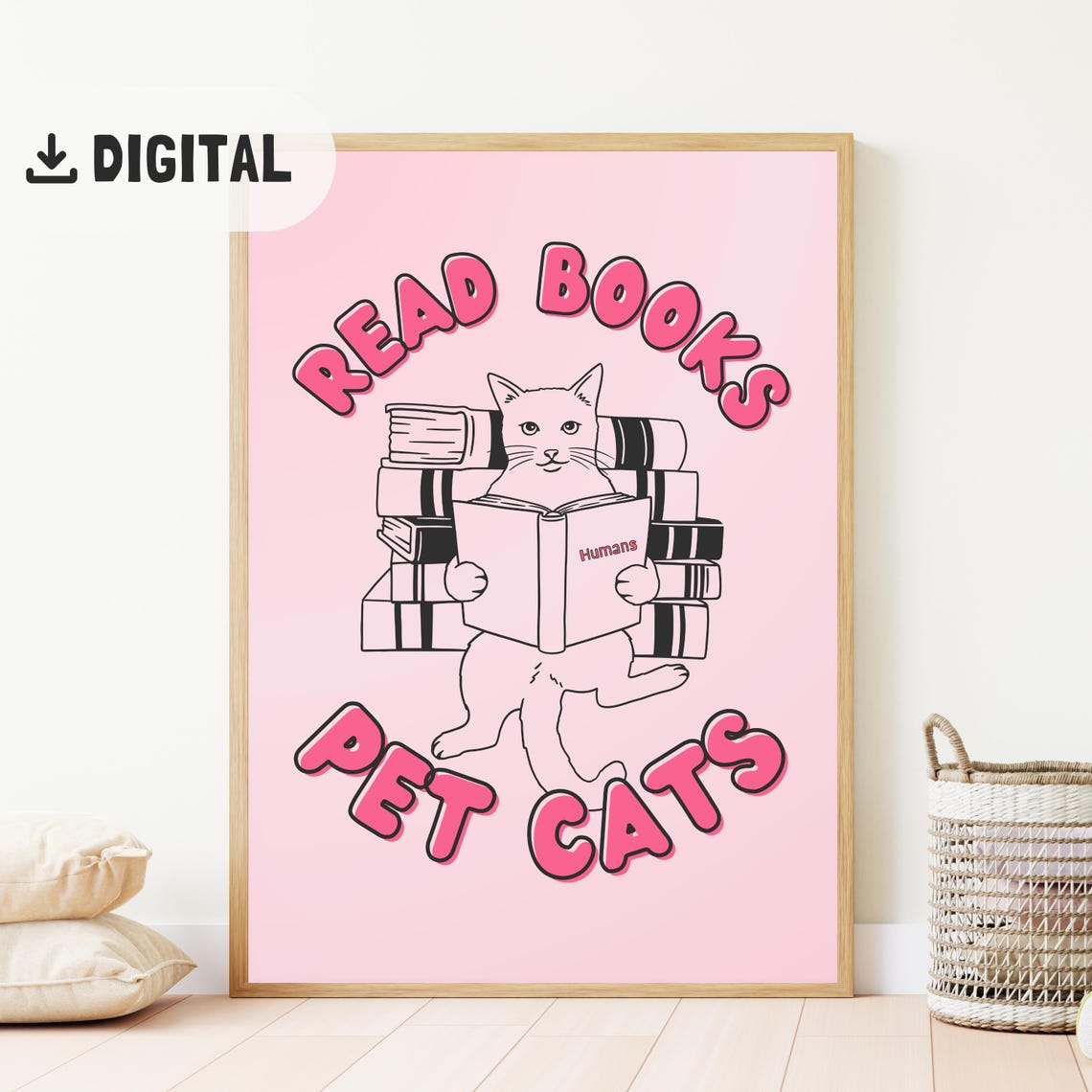 Read Books Pet Cats Pink Bubble Letters Funny Cat Reading Poster