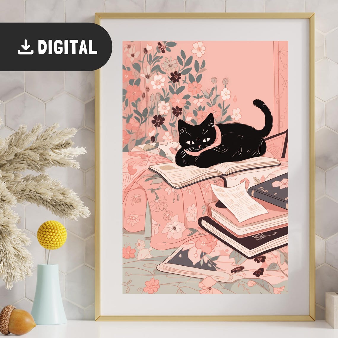 Black Cat on Stack of Books Pink Floral Botanical Reader Cat Wall Art - Image 3