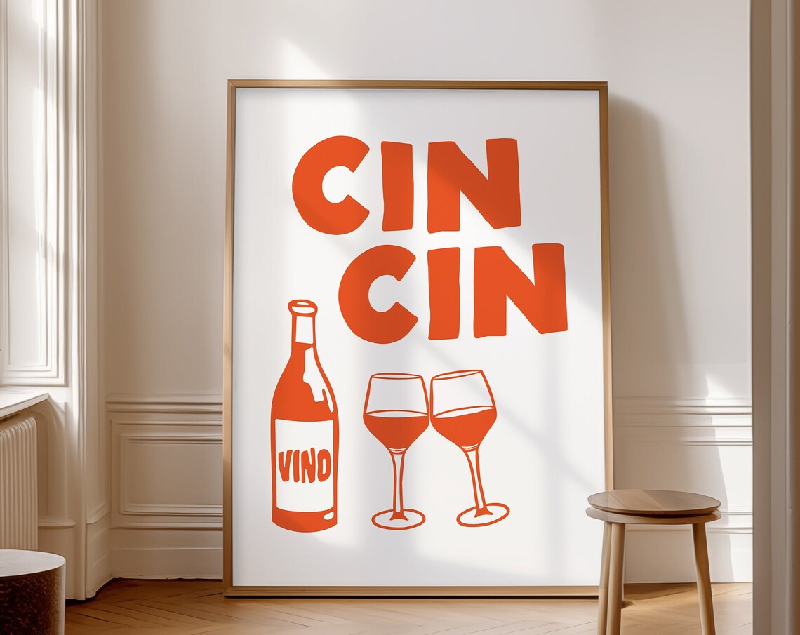 Orange Cin Cin Italian Wine Toast Retro Bar Cart Kitchen Decor Poster - Image 3