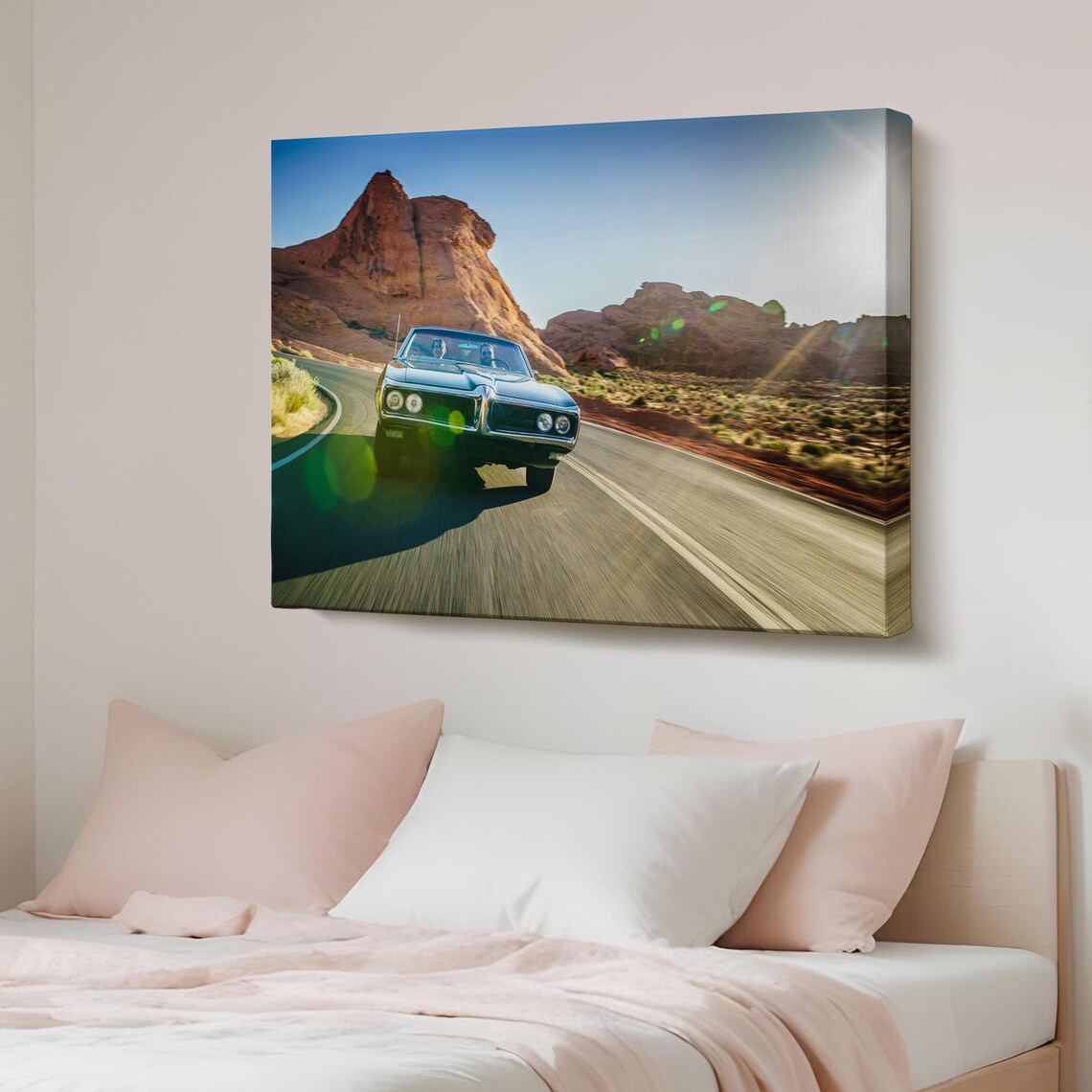 Classic Black Muscle Car on Desert Road with Red Rocks Photo Poster