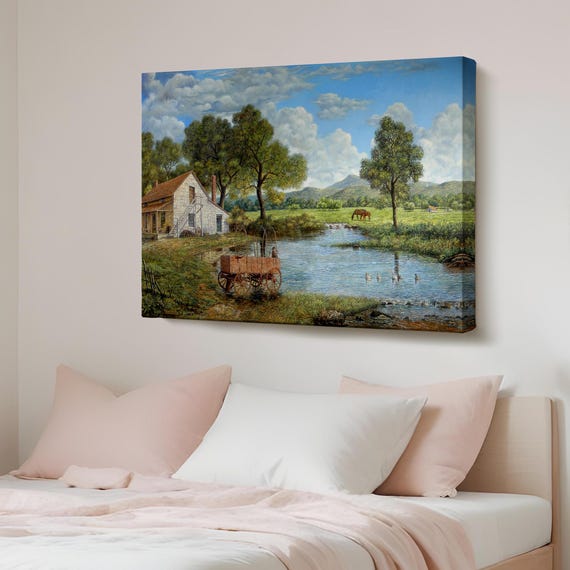 Village And Stream Landscape Decorative Canvas Wall Painting Nature Decor Table