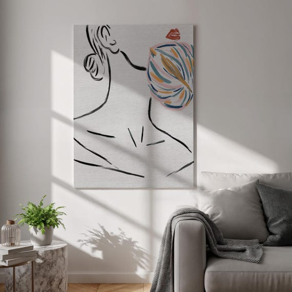 Female Line Art Canvas Wall Elegant Woman With Colorful Bun And Red Lips Minimalist Feminine Print Framed Modern Bedroom Decor