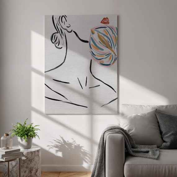 Minimalist Line Art Woman Yarn Ball Knitting Cozy Love Wall Art