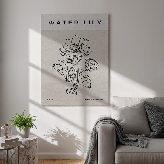 Water Lily Canvas Wall Art Black White Botanical Line Drawing Zen Flower Print For Calm Spaces Framed Minimalist Japandi Home Decor