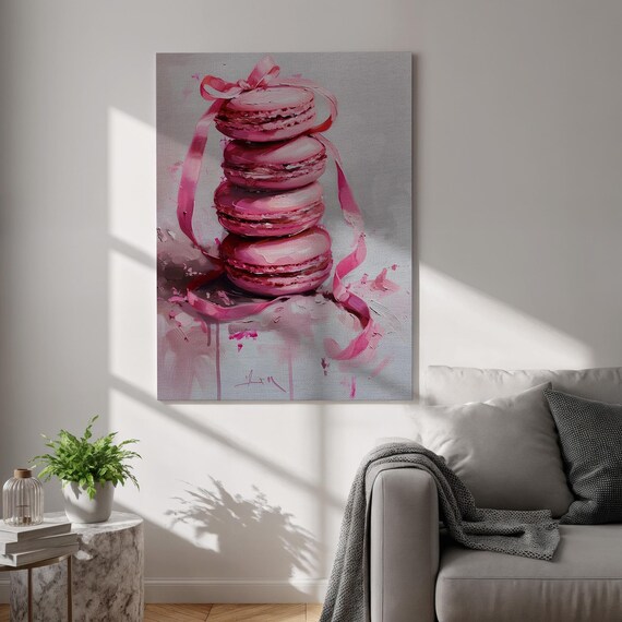 Pink Macaron Canvas Wall Art Modern Dessert Painting Print French Patisserie Kitchen Decor Framed Colorful For Dining And Living Room