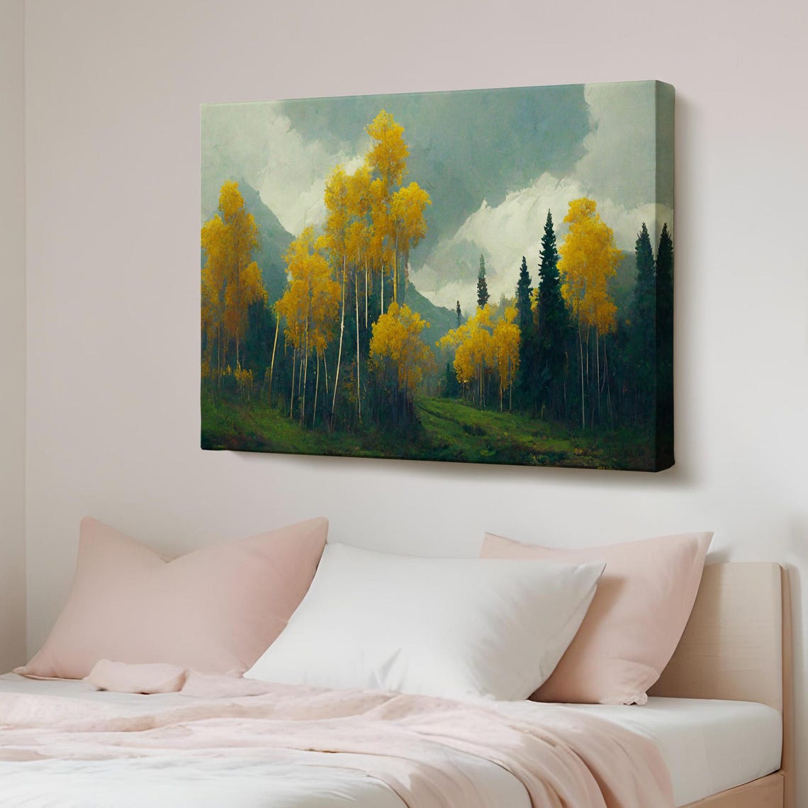 Golden Aspen Trees Autumn Forest Misty Mountain Landscape Poster