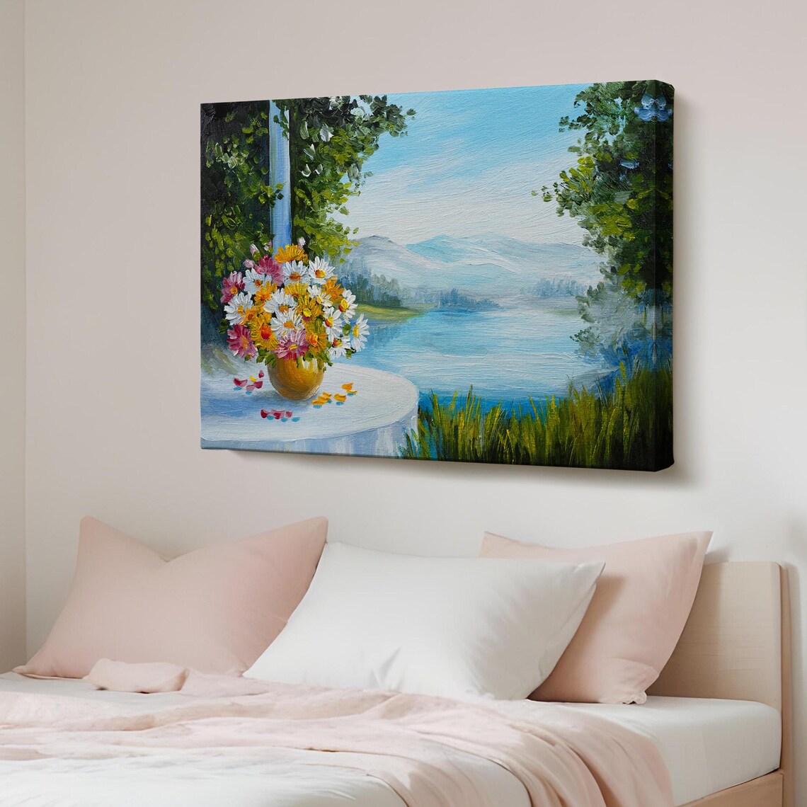 Summer Wildflower Vase Lakeside Mountain View Oil Style Painting Poster