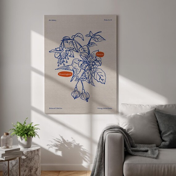 Hummingbird Canvas Wall Art Blue Botanical Flower Print Fuchsia Line Drawing Poster Framed Nature Decor For Office Entryway Living Room