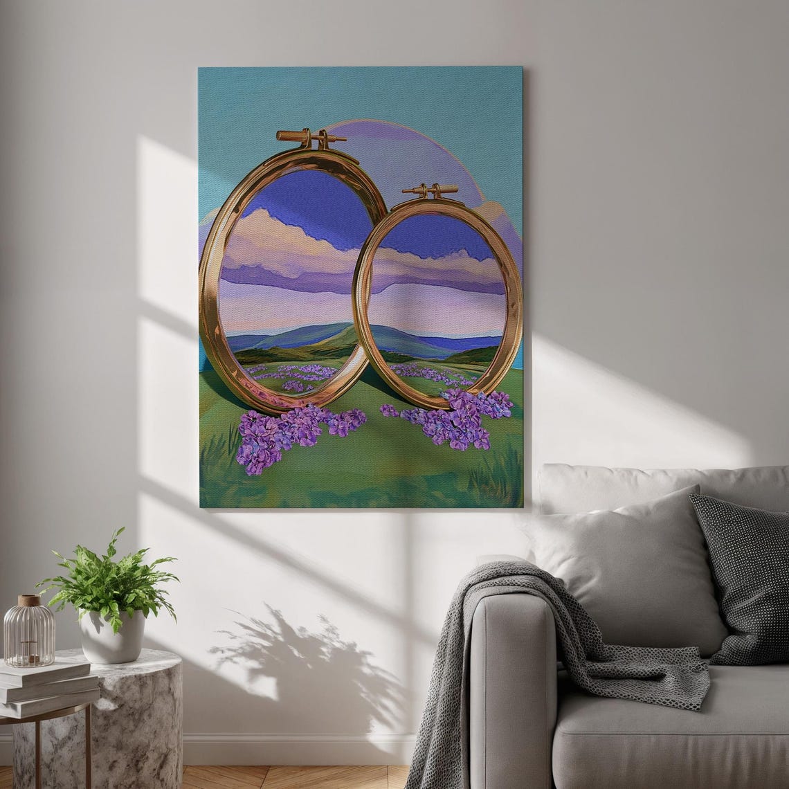 Golden Oval Mirrors Landscape Reflections Lavender Surreal Wall Art