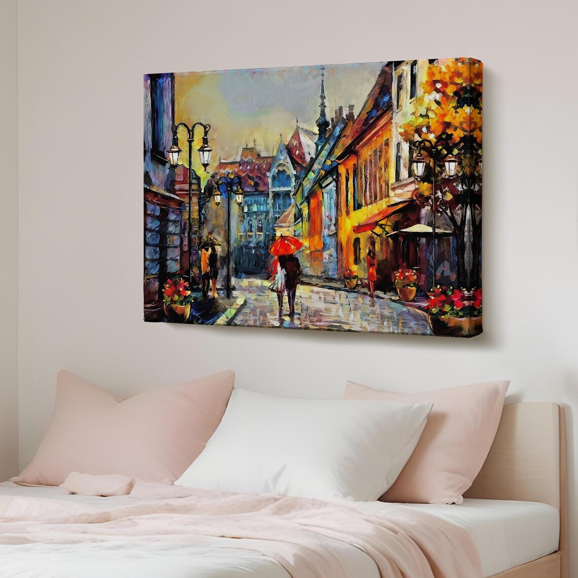 Budapest Old Town Street Couple With Red Umbrella Colorful Lamp Post Poster