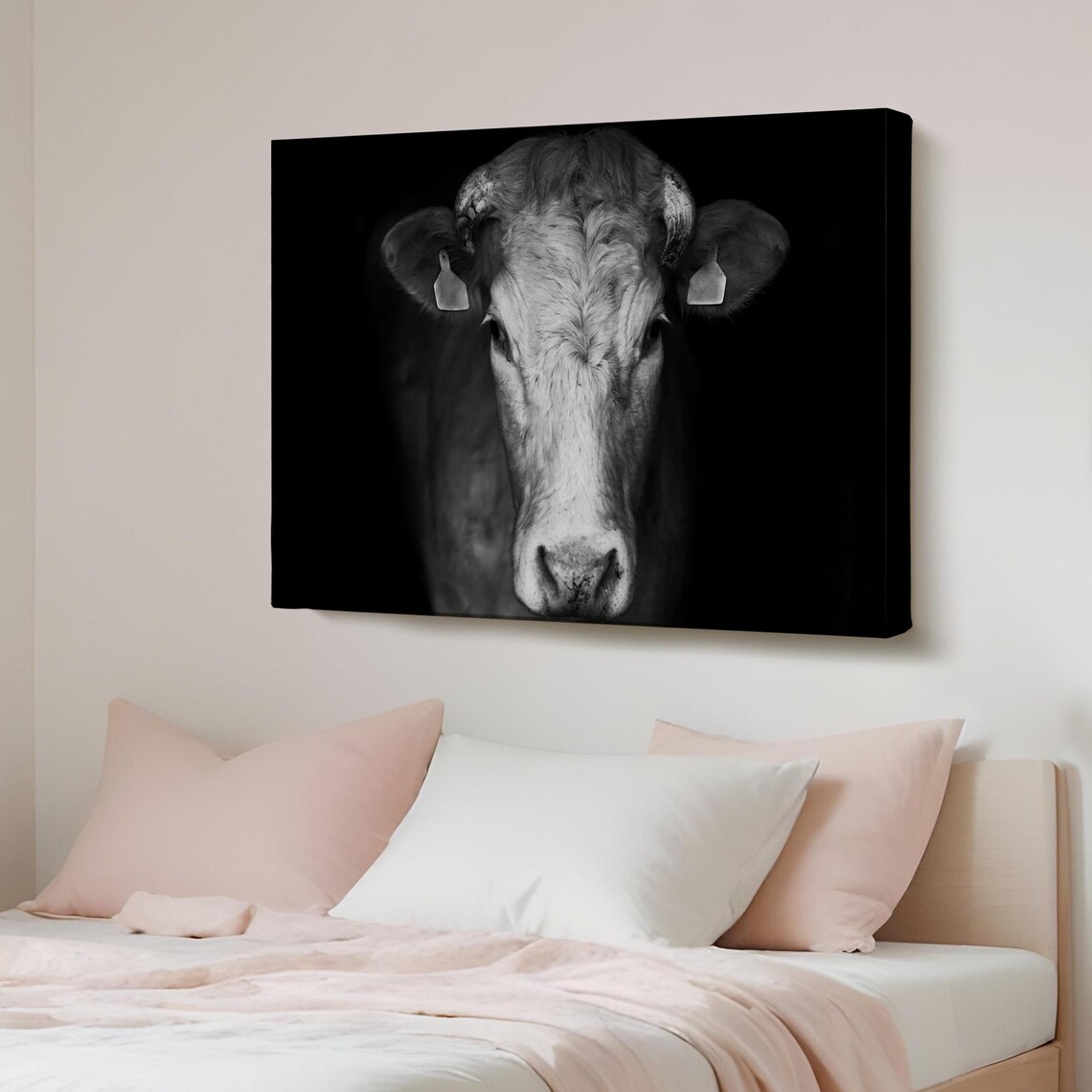 Black and White Cow Portrait Dark Background Farm Animal Wall Art