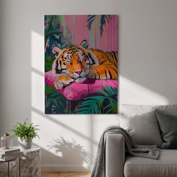 Sleeping Tiger Pink Jungle Vibrant Cute Tropical Animal Canvas Poster
