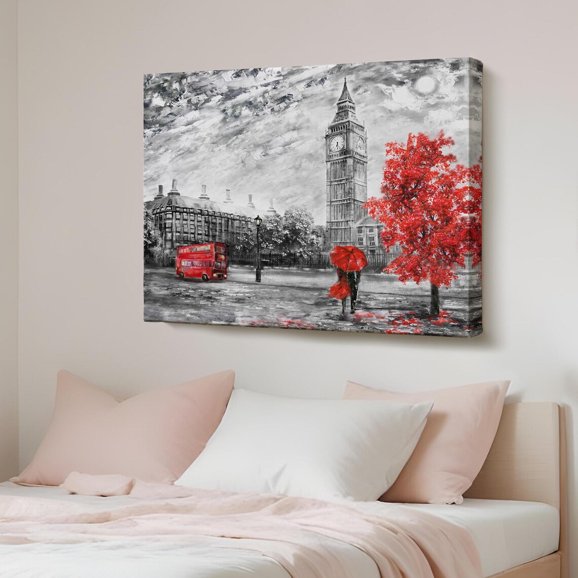 London Big Ben Red Bus Red Umbrella Street Scene Painting Poster